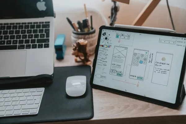 Tablet mit Wireframe-Entwurf für eine Vereinswebsite