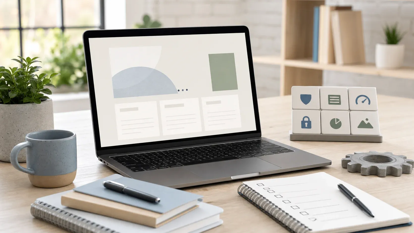 Laptop mit abstrahiertem Website-Entwurf, Checkliste und Symbolen für technische Pflege